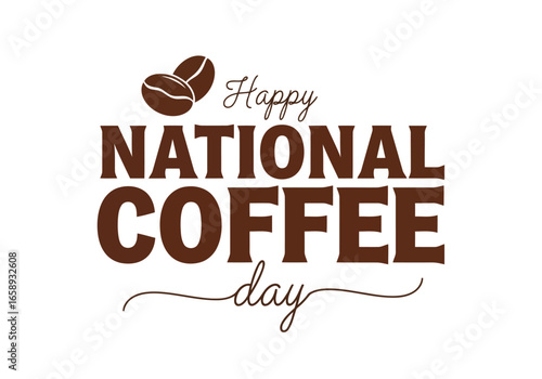 Vector art of happy national coffee day text with coffee beans graphic
