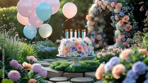 Wallpaper Mural Celebrate sweet sixteen with a vibrant floral cake and dreamy balloons in a lush garden party setting Torontodigital.ca