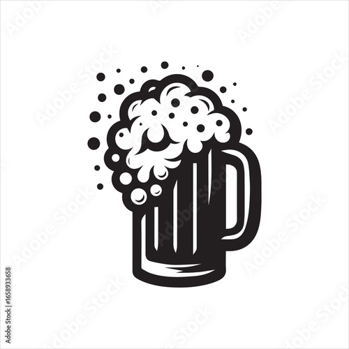 Stylized Black Beer Mug with Overflowing Foam and Bubbles Illustration.
