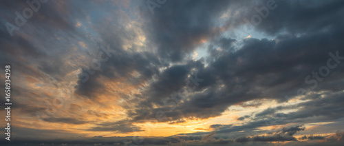 Evening sunset sky background with bright dramatic clouds.