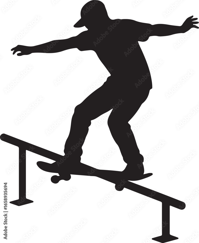 Naklejka premium Black silhouette of a skateboarder performing a trick on a grind rail skateboarding