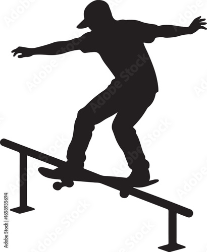 Black silhouette of a skateboarder performing a trick on a grind rail skateboarding