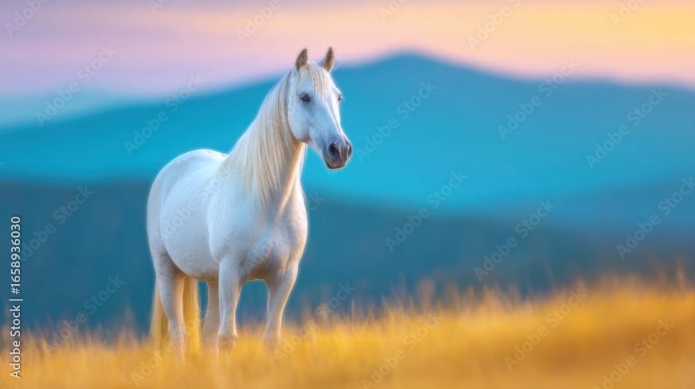 Obraz premium Majestic white horse stands in a golden meadow at sunset