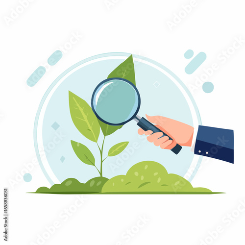 Hand Examining Plant Growth With Magnifying Glass