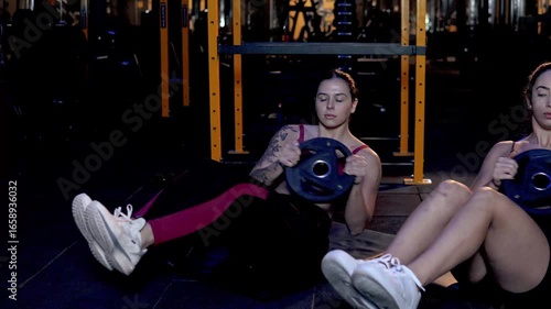 Two Female Athletes Training Abs with Weight Plate in Gym – Core Strength Workout