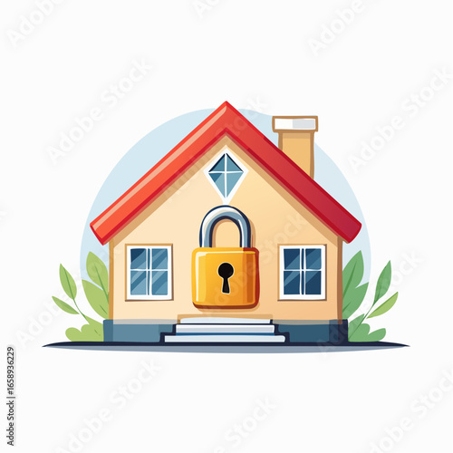 Cartoon House With Lock Security Illustration