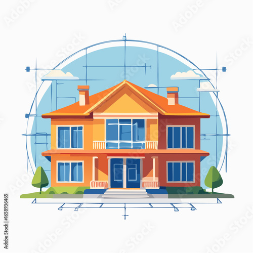 Two-Story Orange House Design Illustration