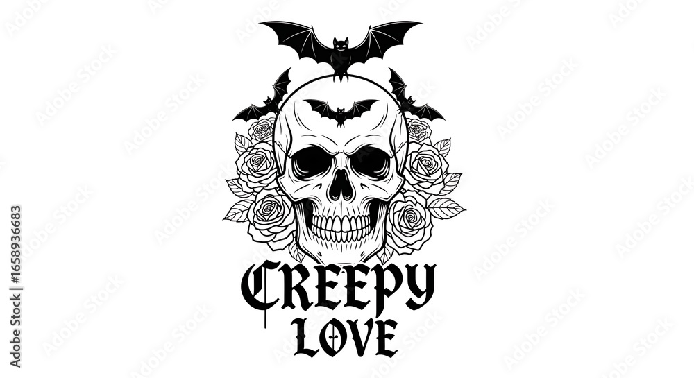 Fototapeta premium Skull and Roses with Creepy Love Typography, Black Bats