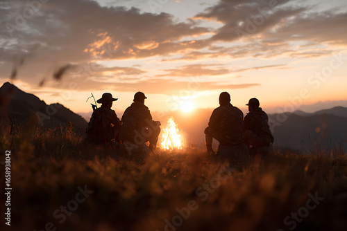outdoor gatherings, friends gather around a campfire after a hunting excursion