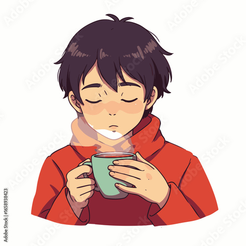 An animated character finds tranquil solace, embracing a moment of peaceful self-reflection while savoring a comforting hot beverage.