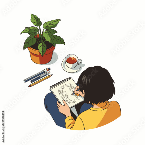 An individual finds peaceful self-awareness and mental well-being while engaging in creative reflection during a quiet moment of slow living.