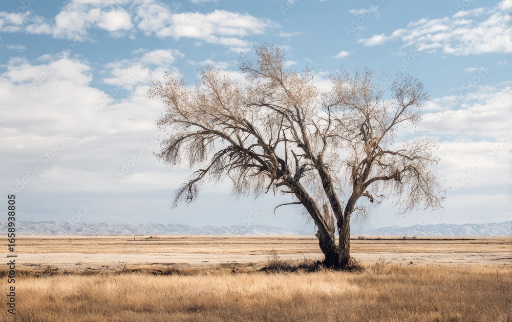 A solitary tree in a vast, dry landscape under a partly cloudy sky A solitary tree in a vast, dry landscape under a partly cloudy sky
