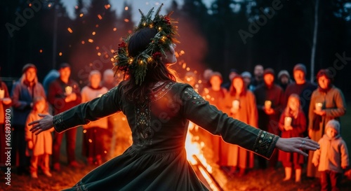 Woman in folk dress and Christmas wreath dances during an outdoor pagan Christmas celebration, surrounded by people and fire.