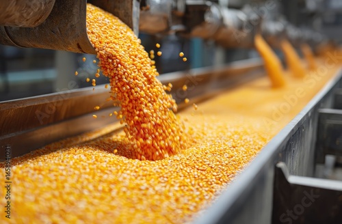 Corn pouring from machinery onto a conveyor belt