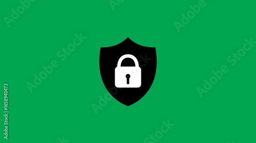 Black and white security shield icon animation with locked padlock on green screen. 4K animated perfect for motion graphics, security, business, and overlays.