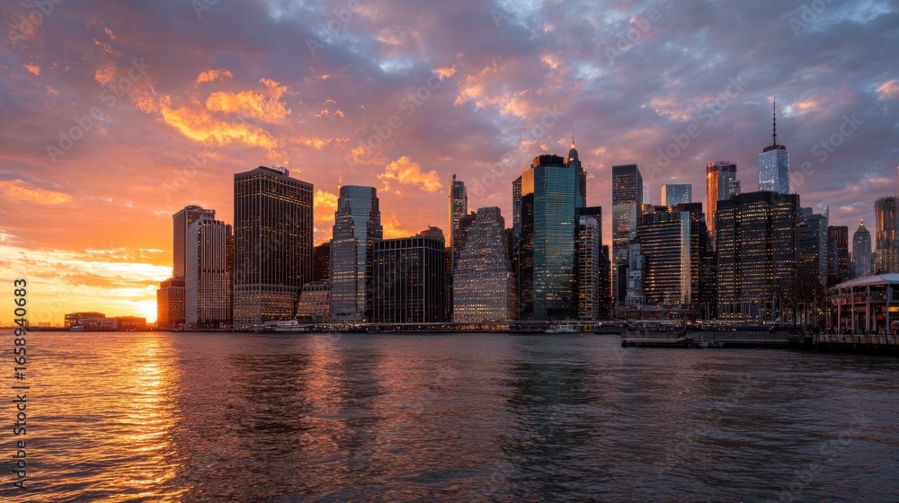 Obraz premium City skyline sunset over water