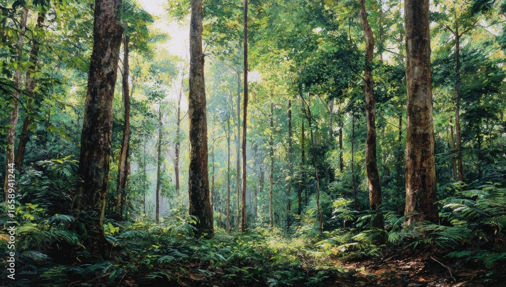 Fototapeta premium Lush forest scene bathed in morning light