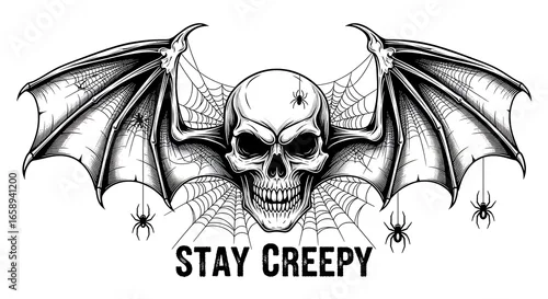 Fototapeta Eerie Skull with Bat Wings and Spiderwebs Graphic Illustration