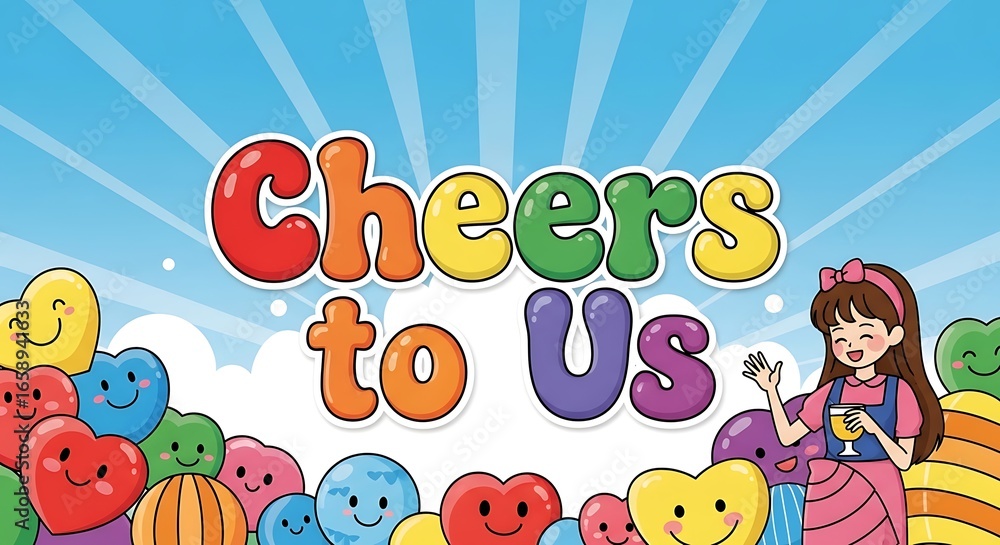 Obraz premium Cheerful Illustration of Girl with Colorful Hearts and a Sunny Sky