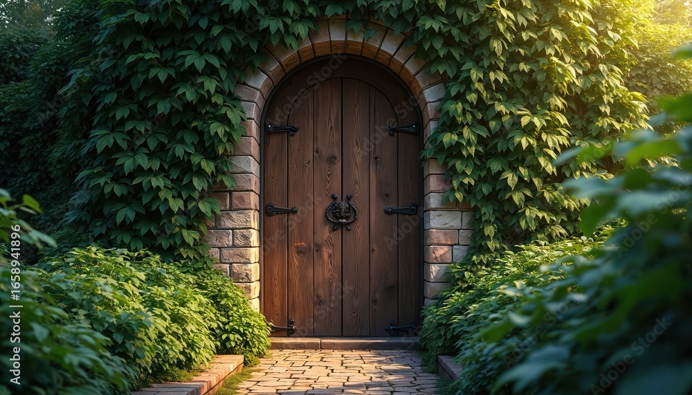 Fototapeta premium Enigmatic wooden door set within stone archway, completely overgrown with rich green foliage. Brick pathway leads to secret entrance, creating mysterious, charming rustic ambience with dappled light,