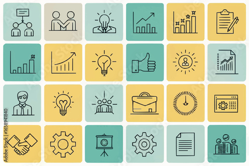 Assorted business and management icons arranged in a square grid with various concepts depicted nicely
