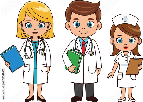 Cartoon medical professionals illustration, doctor and nurse characters vector, healthcare worker clipart, smiling hospital staff drawing, friendly medical team artwork, educational health design