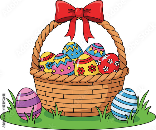 Easter basket with decorated eggs vector, colorful holiday illustration, spring celebration clipart, festive egg hunt artwork, traditional seasonal design with bow