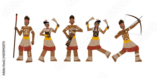 Vector Illustration of indigenous tribal figures in traditional attire, instruments, and accessories to perform cultural rituals and dances