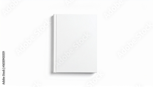 Blank white book resting on a clean white surface, representing simplicity and potential for creativity and knowledge, conveying a sense of calm and possibility.