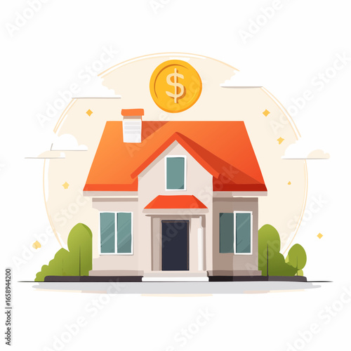 Cartoon Style Illustration Of A House With Dollar Coin Above It