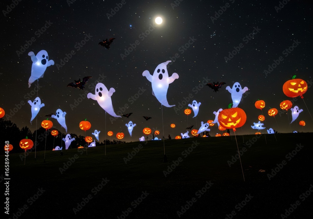 Naklejka premium Halloween night scene with ghosts, pumpkins, and bats decorations