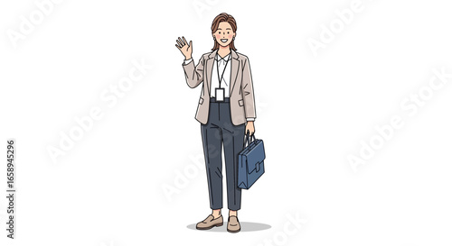 Animated businesswoman waving, ready for the workday in formal attire