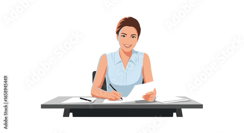Businesswoman at desk, working on paperwork with a pleasant expression