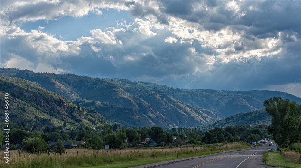 Naklejka premium Mountainous landscape with dramatic clouds and sunlight rays.