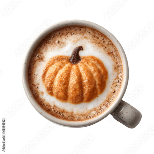 A cup of pumpkin spice latte with pumpkin latte art isolated on transparent background, perfect for autumn, fall, and holiday celebrations