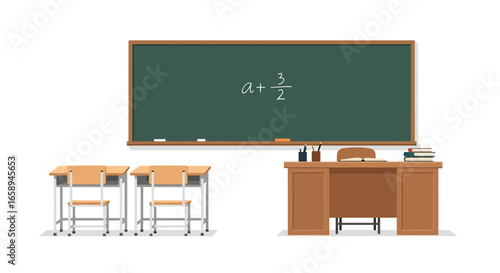 Classroom environment with blackboard, student desks and teacher desk scene
