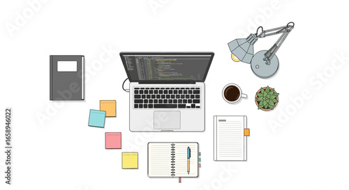 Creative workstation setup with laptop, stationery, and refreshing cup of coffee