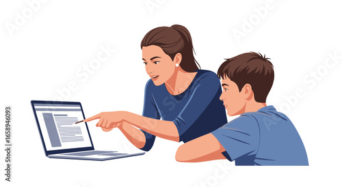 Dedicated tutor assists student with online learning on a laptop screen