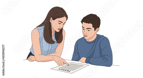 Educational mentoring session, teacher assisting a student with document analysis