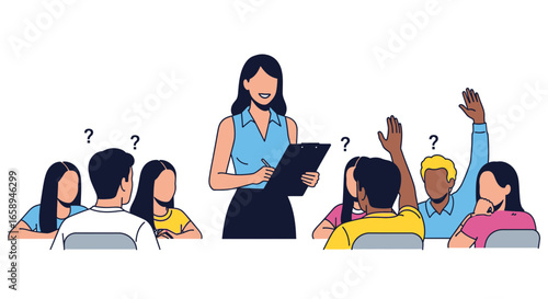 Educational scene depicting a teacher and students raising hands for questions
