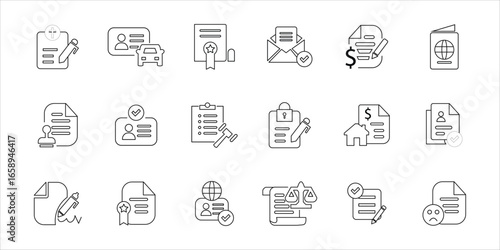 legal document icons set. agreement, contract, passport and more. simple line vector
