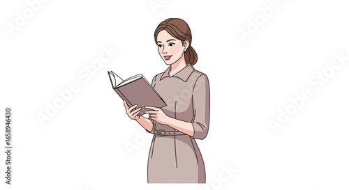 Elegant woman engrossed in reading a book, set against a pristine backdrop