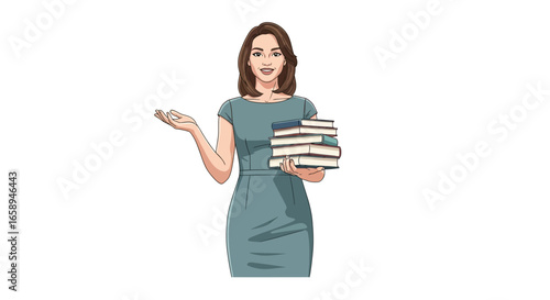 Elegant woman holding books and gesturing, presenting knowledge and intellect