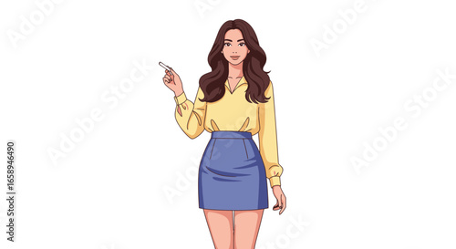 Elegant young woman in casual attire presenting with a marker pen