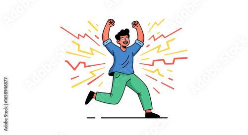 Jubilant Cartoon Character Running with Joyful Energy Radiating from the Background Illustration