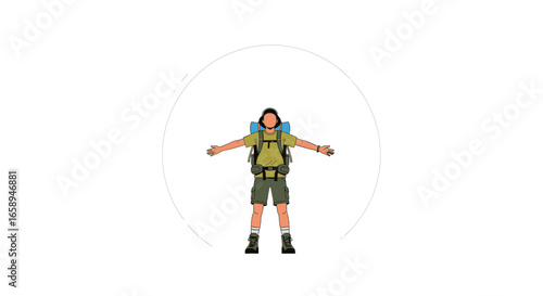 Illustration of a hiker standing within a circle, arms outstretched, symbolizing freedom and connection with the outdoor experience and adventure