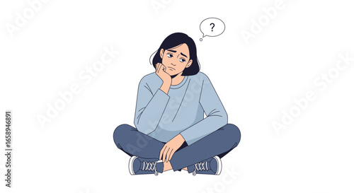 Contemplative woman with a question mark sitting cross-legged ponders a perplexing problem thoughtfully considers options isolated with a white