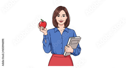 Illustrated educator offering nutritional wisdom with a ripe apple