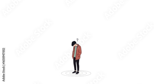 Conceptual artwork of a person in contemplation with a question mark above head isolated against a white background symbolizing existential pondering