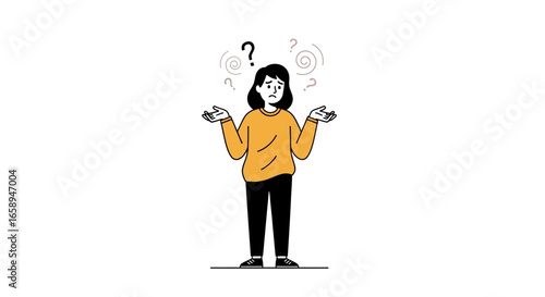 Doubtful character surrounded by swirling questions, conveying uncertainty and contemplation, expressing confusion over something obscure with